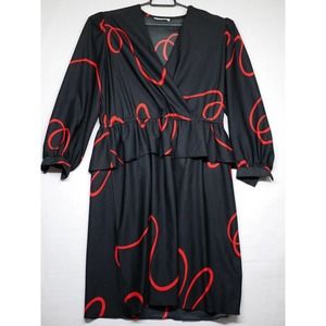 Vintage Ms. Sugar Black Abstract Red Swirls Ruffled Dress Women Size Large